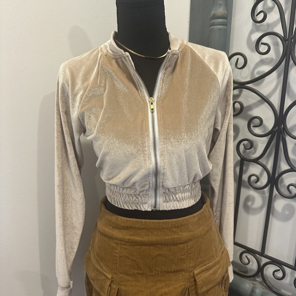 Honey Bum Juniors Jacket Velour Crop Top style Zip-up Size S Beige